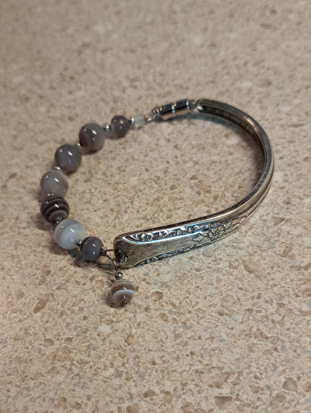 Antique Camelia Silver Plate Spoon Bracelet With Agate Beads